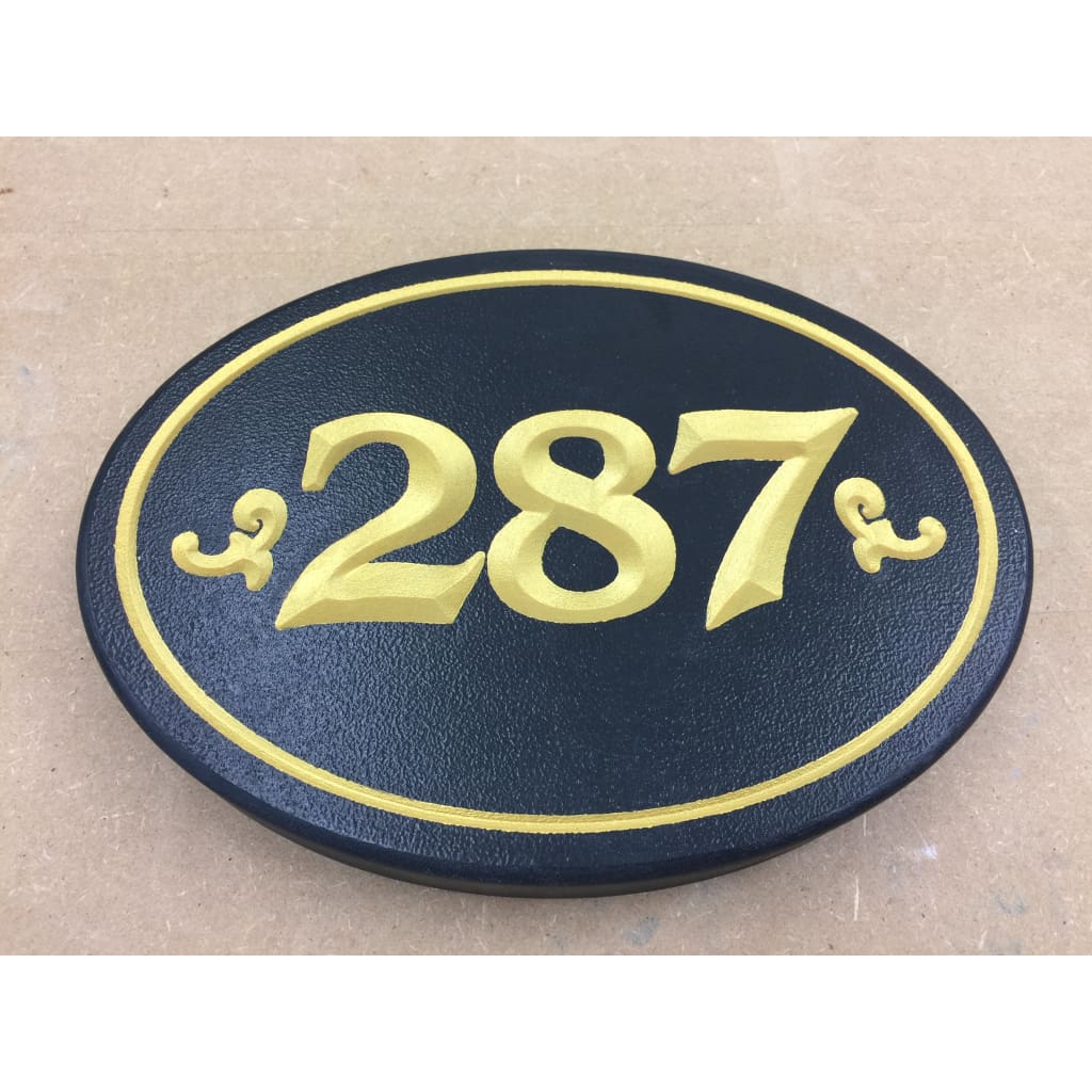 Carved House Address Sign - Oval - Black / Gold Metallic Paint - Sign