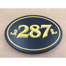 Load image into Gallery viewer, Carved House Address Sign - Oval - Black / Gold Metallic Paint - Sign