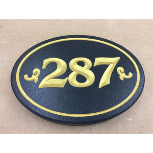 Carved House Address Sign - Oval - Black / Gold Metallic Paint - Sign
