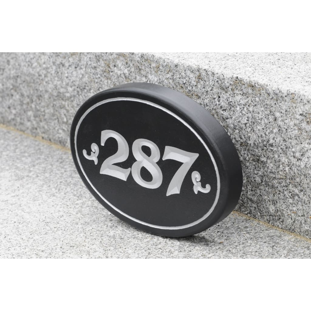 Carved House Address Sign - Oval - Black / Silver Metallic Paint - Sign