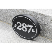 Load image into Gallery viewer, Carved House Address Sign - Oval - Black / Silver Metallic Paint - Sign