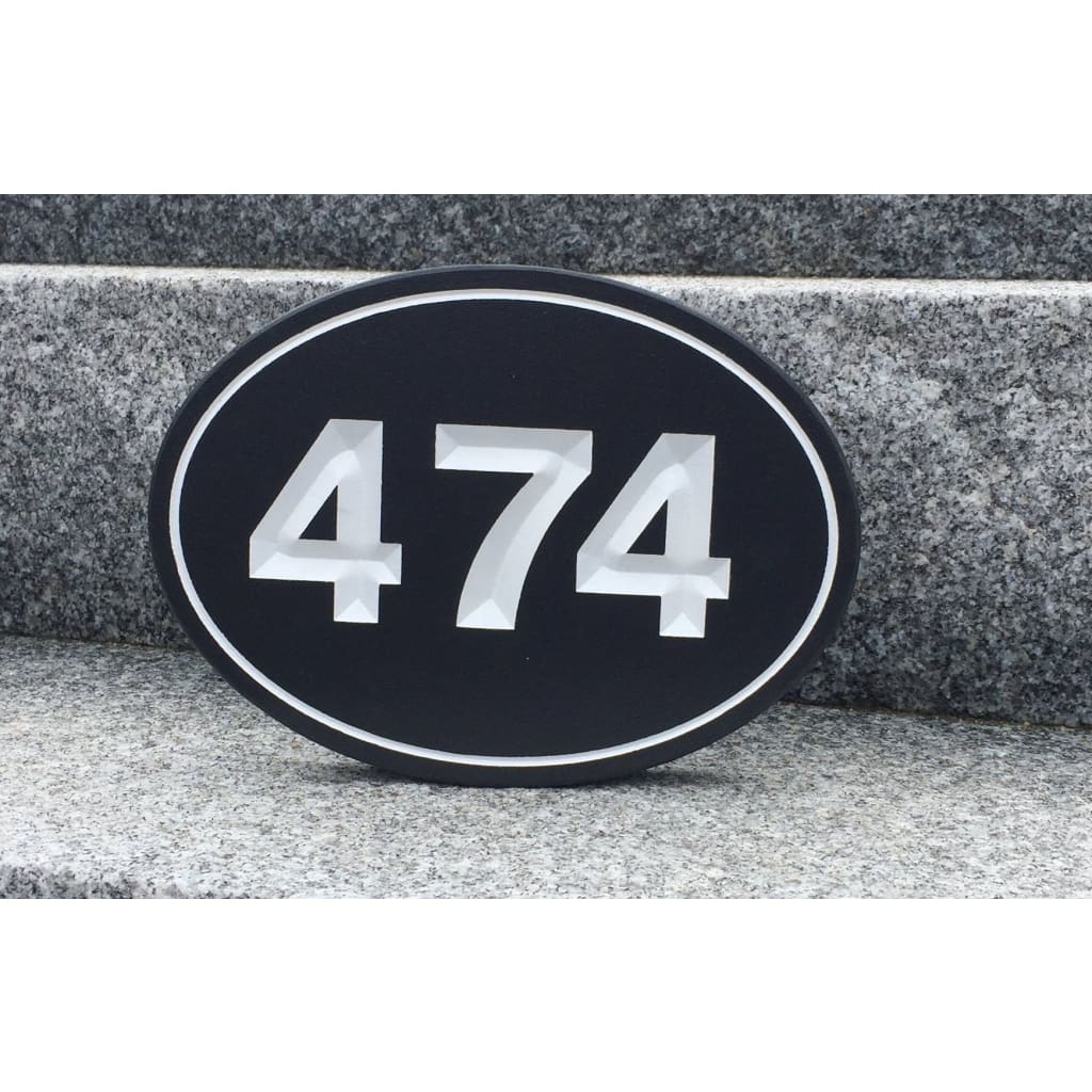 Carved House Address Sign - Oval - Black / White Paint - Sign