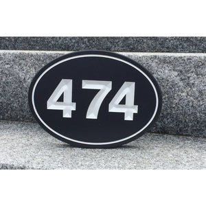 Carved House Address Sign - Oval - Black / White Paint - Sign