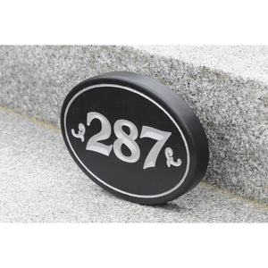 Carved House Address Sign - Oval - Black / Silver Metallic Paint - Sign